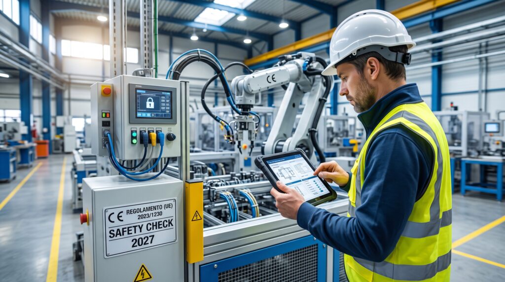 Ingegnere con elmetto e giubbotto di sicurezza esegue verifiche tecniche su un tablet davanti a un braccio robotico industriale, con in primo piano un cartello di conformità CE per il Nuovo Regolamento Macchine (UE) 2023/1230 e la scadenza 2027.